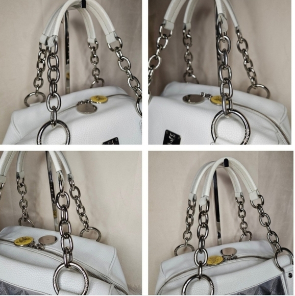 MCM RARE WHITE AND SILVER LEATHER AND CANVAS BOSTON BAG EXCELLENT CONDITION - Picture 7 of 11